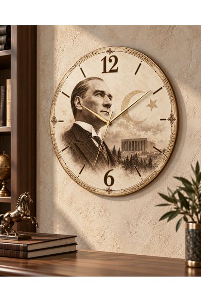 AA Shop Ceas de perete decorativ imprimat UV, tematică Ataturk, 45 cm, din le...