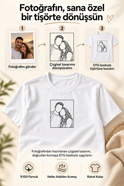 Alfa Tshirt Kişiye Özel Fotoğraftan Çizgisel Portre DTG Baskılı %100 Pamuk Be...