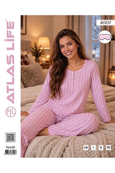 Kadın Pembe Beyaz Çizgili Düğmeli Yaka Rahat Pijama Takımı