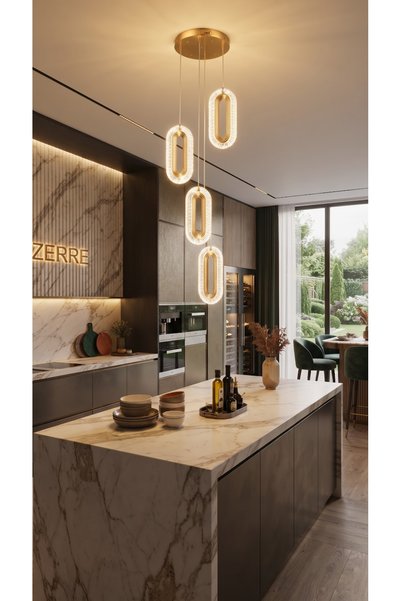 ZERRE Shop ZERRE Ellipsa 4’lü Gold LED Sarkıt Avize 3 Renk Kumandalı Dimmerli...