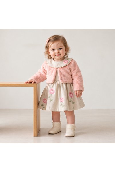 Emiloria Kız Bebek Peluş Bolerolu Elbise Takımı
