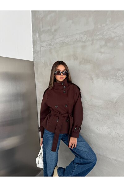 Bella Breeze Women's Stand Collar Belted Double Button Short Cashmere Coat