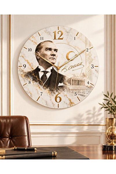 AA Shop Ceas de perete decorativ imprimat UV, tematică Ataturk, 45 cm, din le...