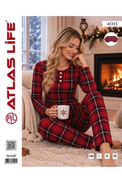 Kadın Kırmızı Ekose Desenli Pijama Takımı