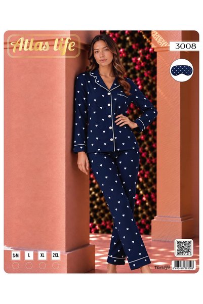 Kadın Lacivert Kalp Desenli Gömlek Yaka Düğmeli Pijama Takımı