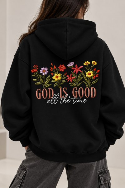 ship master Women's Floral Patterned Oversize Hoodie with God Is Good Written Dtf Back Print Sweatshirt