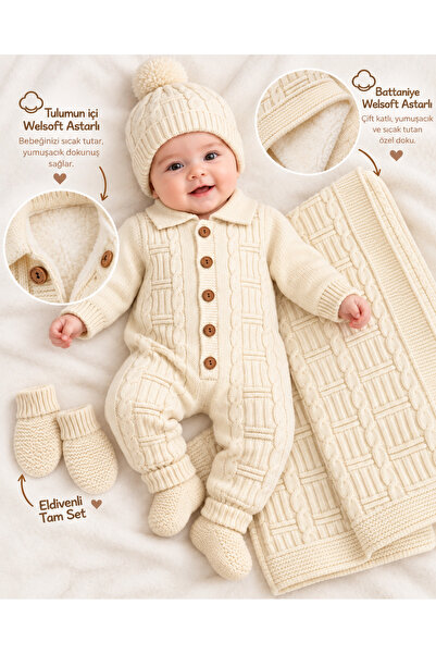 Tri-Berries Welsoft Lined Baby Knitwear Jumpsuit Blanket Set with Gloves, Pom...