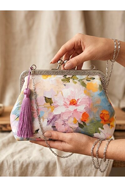 Arzu Demir 23x15 cm artistic watercolor patterned linen fabric lightweight vintage bag