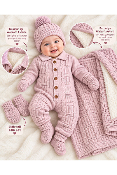 Tri-Berries Welsoft Lined Baby Knitwear Jumpsuit Blanket Set with Gloves, Pom...