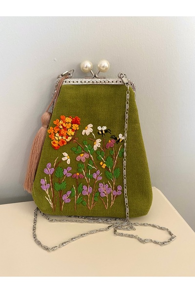 Arzu Demir 100% Hand Embroidered Vintage Khaki Linen Bag. Wildflower Themed .18X18 Cm, Lightweight Bag