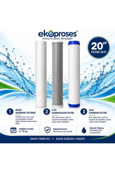 Ekoproses Su Arıtma Filtresi 20’’ PPS Sediment - CTO Karbon Blok - UDF Gac Ka...