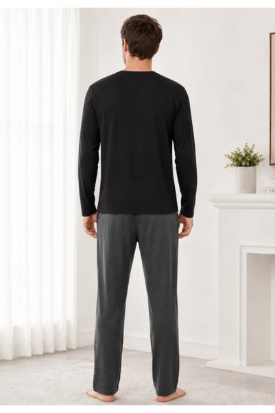 TOSKI Pijama Bărbați cu Mânecă Lungă, Bluză Neagră cu Imprimeu și Pantalon Lung Gri