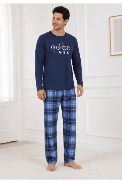 TOSKI Pijama Bărbați cu Mânecă Lungă, Bluză cu Imprimeu Cărți de Joc și Pantalon în Carouri