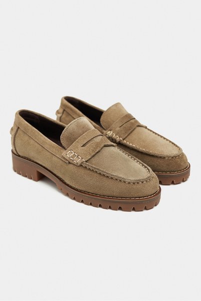 NİŞANTAŞI SHOES Elie Rome Beige Genuine Suede Leather Serrated Thick Sole Women's Penny Loafer