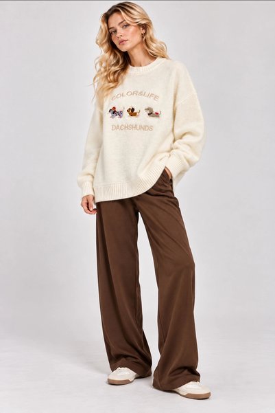 Lusin Women's Beige Embroidered Dog Figured Embroidered Oversize Premium Knitwear Sweater