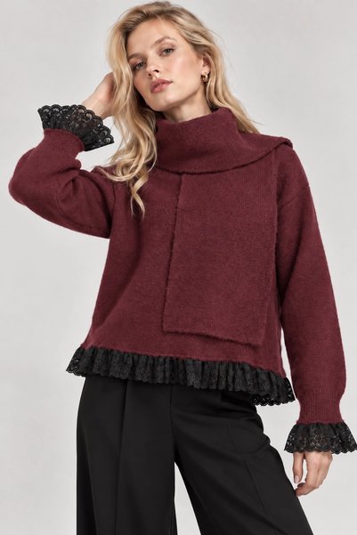 Lusin Ženski bordo čipkasti šal sa detaljima, pleteni džemper (S/M)
