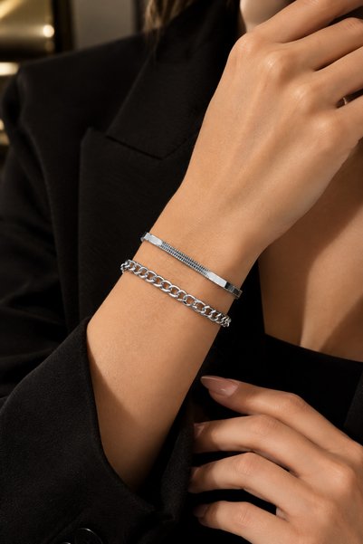 FARYADA Unisex Women Men Couple Bracelet Set – Silver Color Steel Chain and Mesh Detailed Lover Bracelets 2Pcs