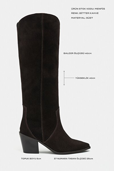 NİŞANTAŞI SHOES Menfis Bitter Brown Suede Leather Pointed Toe Thick Heel Women's Dallas Boots