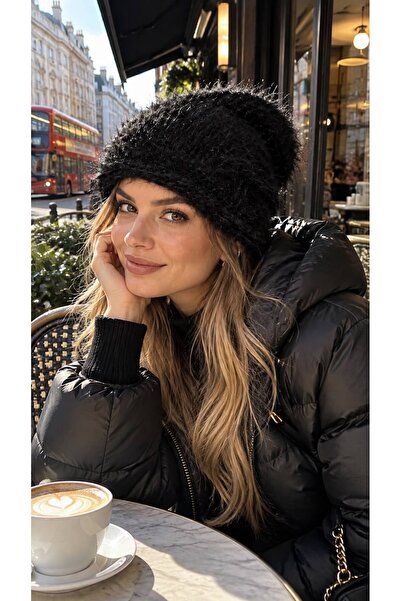 BALIENTE Black Soft Textured Long Fur Plush Women's Beret