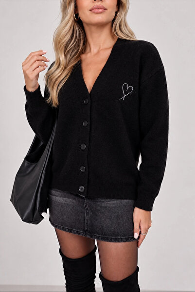 Lusin Women's Black Stylish Heart Embroidered Buttoned Knitwear Cardigan (S/M)