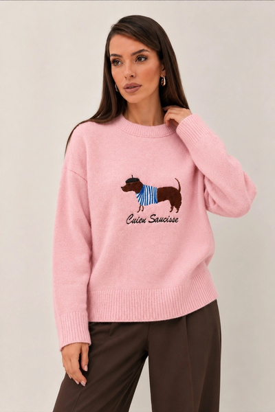 Lusin Women's Pink Dog Figured Embroidered Crew Neck Long Sleeve Loose Fit Oversize Knitwear Sweater (New Re