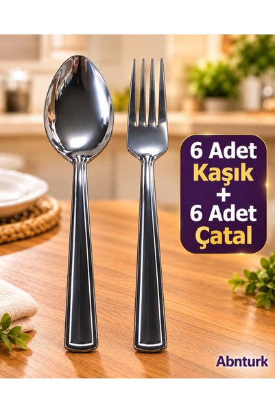 abnturk 19cm 6+6 Adet Paslanmaz Çelik Ömürlük Yemek Kaşığı ve Çatalı Seti Tek...