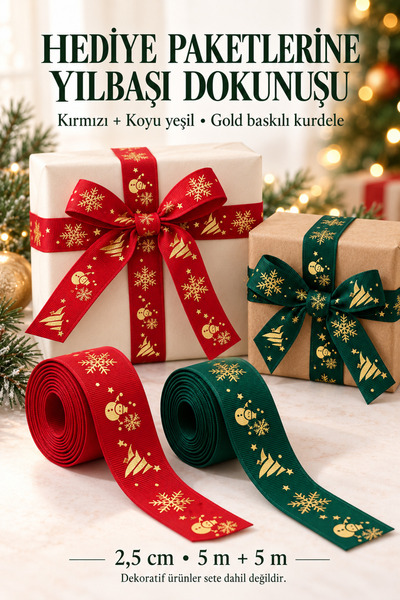 ASL ArtPaper Yılbaşı Gold Baskılı Kurdele Seti Kırmızı ve Koyu Yeşil 2,5 cm 5...