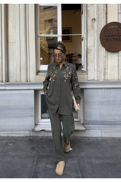 MİA NOURA Women's Shirt with Bead Embroidery on Front and Sleeves, Standard Pants Size Suit