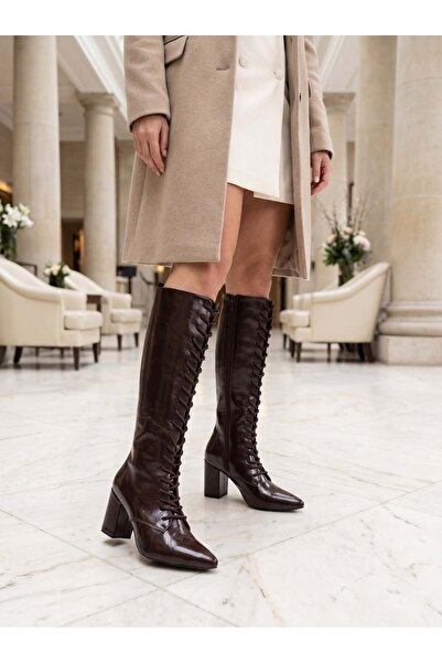 Nesil Shoes Pres 1113 Brown Krşk Patent Leather Heeled Women's Boots