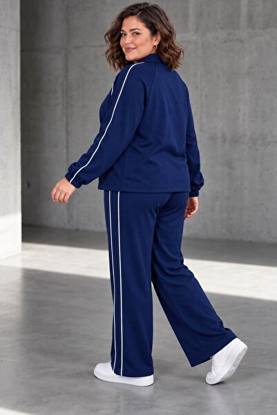 tarzımsüper Plus Size Women's Zipper Detailed Stripe Detailed Wide Leg Sweatpants Set
