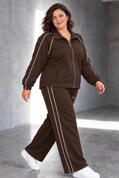tarzımsüper Plus Size Women's Zipper Detailed Stripe Detailed Wide Leg Sweatpants Set