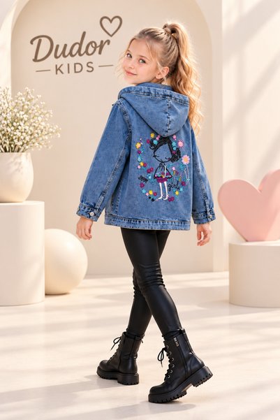 DUDOR KİDS Girl's Hooded Embroidered Blue Denim Jacket-Denim Jacket/Denim Coa...