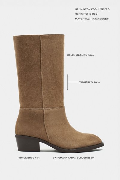 NİŞANTAŞI SHOES Meyro Rome Beige Genuine Suede Pointed Toe Thick Heel Women's Ankle Boots