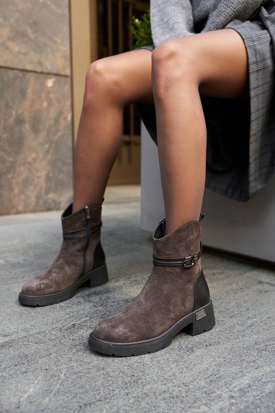 ANGELİNA JONES Canto Women's Smoke Black Suede Genuine Leather Buckle Detail Boots