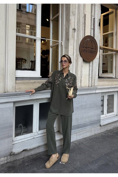 MİA NOURA Women's Shirt with Bead Embroidery on Front and Sleeves, Standard Pants Size Suit