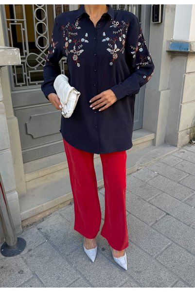 MİA NOURA Women's Shirt with Bead Embroidery on Front and Sleeves, Standard Pants Size Suit