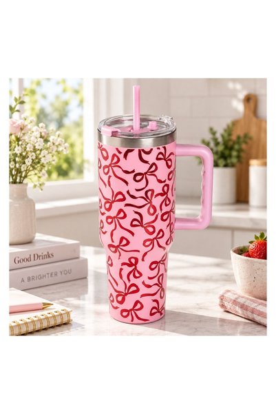OEM Pahar Termos de Crăciun din Inox Roz cu Fundițe si Mâner 1200 ml – Termos...
