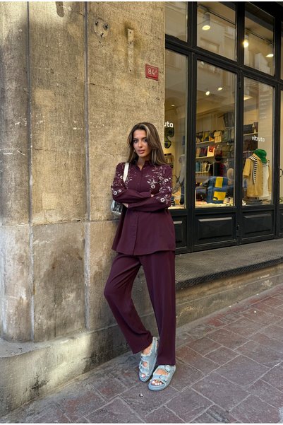 MİA NOURA Women's Shirt with Bead Embroidery on Front and Sleeves, Standard Pants Size Suit