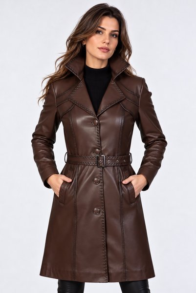 DERİJE Betty Genuine Leather Women's Chestnut Brown Trench Coat