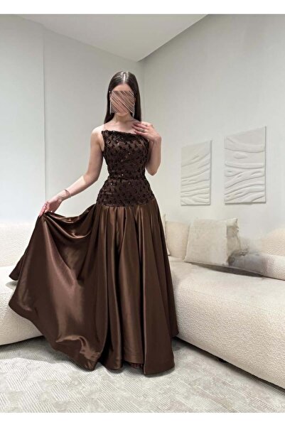 JOANNA Laeena Brown Dress with Tear Sequins Without Sleeves
