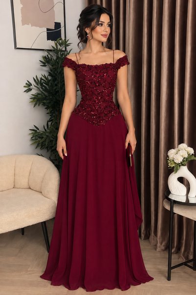 Barly Elegant Deep Burgundy Evening Gown, Featuring a Sequined Corset and Shi...