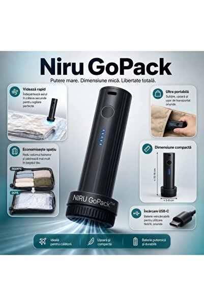 Niru Pompa de vid electrica fara fir GoPack™, USB-C, 1500mAh, pentru saci vid...