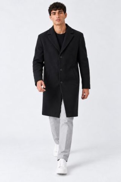 DAMGA JEANS Palton lung negru cu guler clasic pentru bărbați