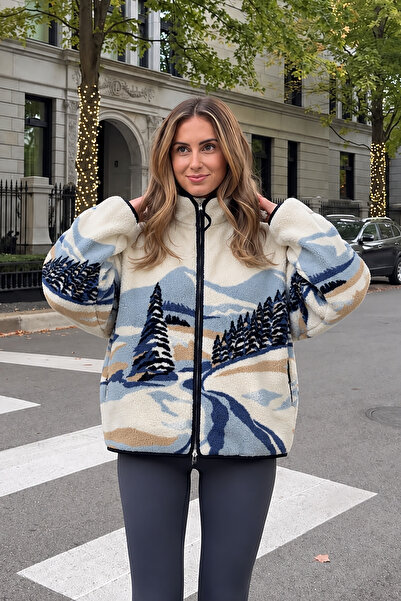 RB CLUB Women's Mountain and Pine Patterned High Collar Zippered Fleece Jacke...