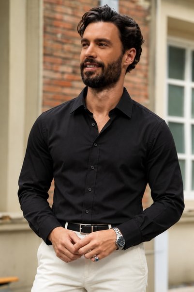 DAMGA JEANS Men's Long Sleeve Classic Collar Black Shirt