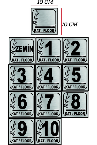 sıradışıhediyem Cat Number Silver Metal Plate Floor Number 10 E and under 10X10 cm with Tape on the Back
