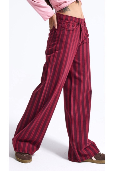 it's basic Çapraz Bel Detaylı Dikey Çizgili Denim Pantolon - Bordo