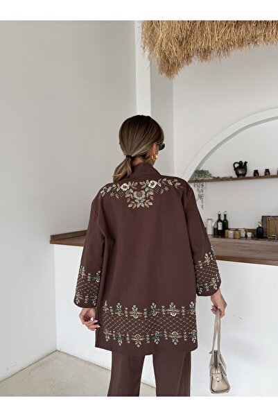 MİA NOURA Set pantaloni kimono pentru femei, cu mâneci brodate cu mărgele la ...