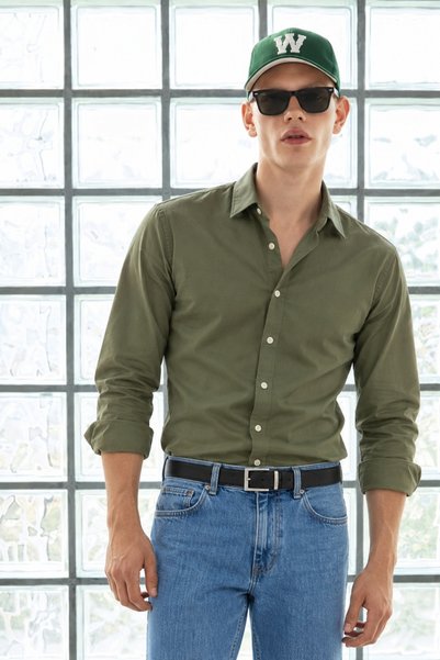 DAMGA JEANS Men's Classic Collar Long Sleeve Casual Khaki Shirt