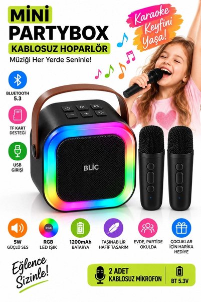 Blic BLS-97 PartyBox Çift Kablosuz Mikrofonlu RGB LED Işıklı Taşınabilir Blue...